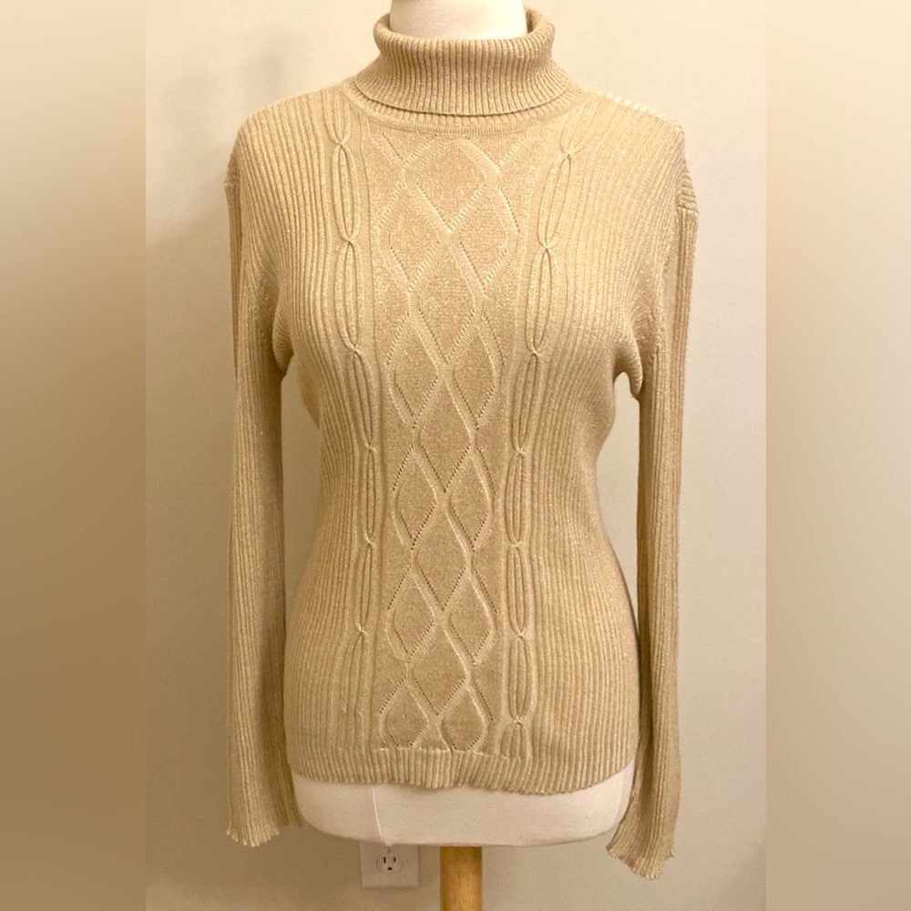 New York & Company Gold Metallic Ribbed SZ XL Festive Glam Mob Wife Boho Sweater
